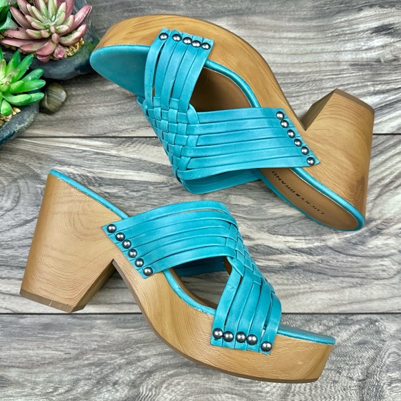 NIB Lucky Brand Tellimi 8.5M Platform Wedge Woven Leather Studded Sandals Blue - Picture 6 of 10